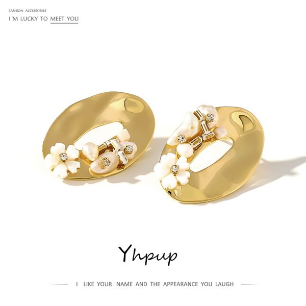 

yhpup simple hollow geometric stud earrings copper gold natural pearls shell flower vintage earrings statement women jewelry, Golden;silver