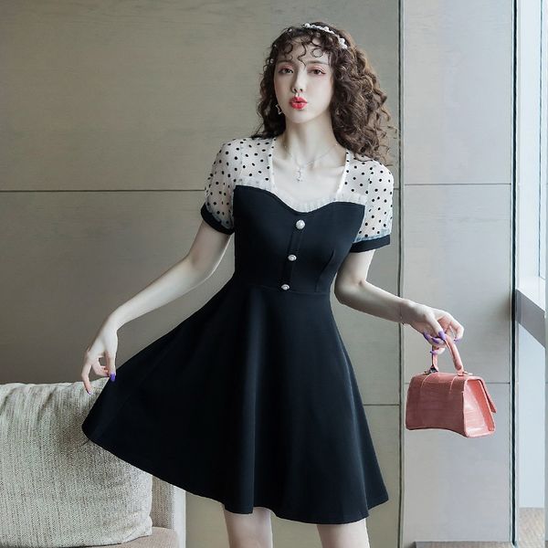 

women's 2020 summer new polka dot mesh stitching short sleeve slimming waist dress hepburn small black dress fashion, Black;gray