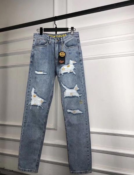 

drew house washed to make old holes denim trousers men women embroidery fashion drew house trousers, Blue