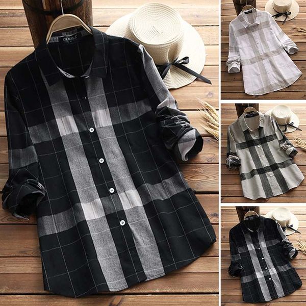 

women's blouses & shirts plus size tunic check blouse 2021 casual plaid female button lapel chemise office work blusas woman 5xl, White