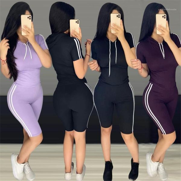 

waist striped 2pcs running suits pullover hooded shorts clothing sets women summer tracksuits designer high, Gray