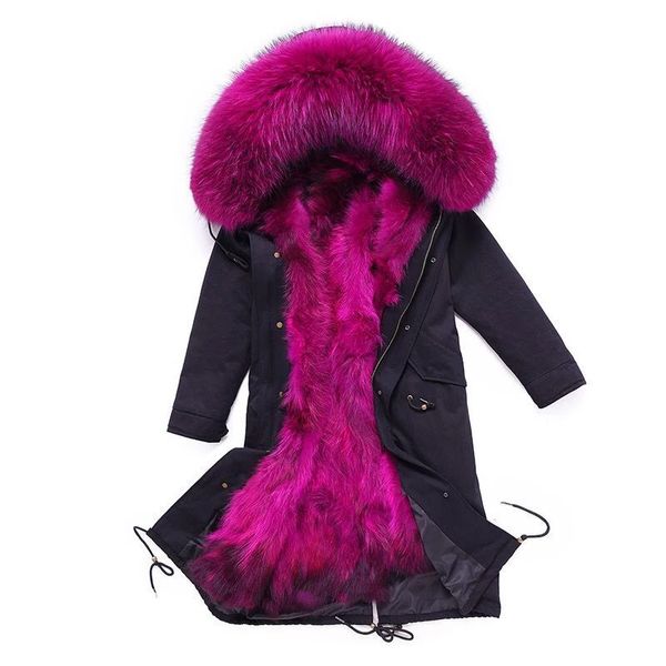

women's fur & faux women removable liner real coat, Black