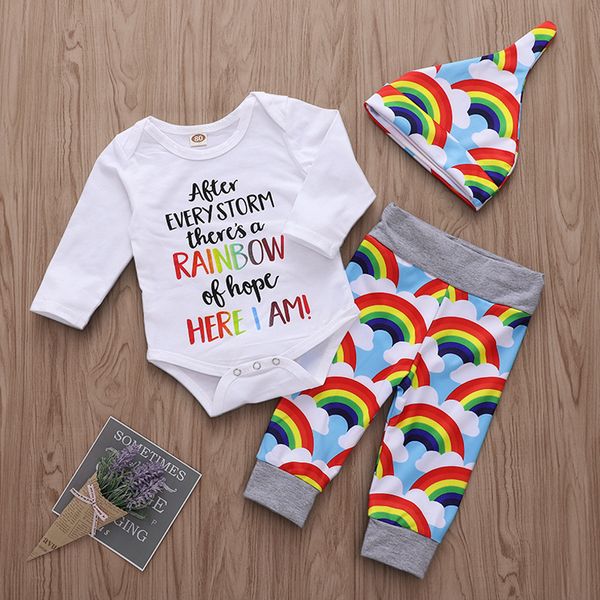 

newborn infant baby boys clothes ladies i have arrived rainbow +pants+hat 3pcs sets newborn baby clothing outfits, White