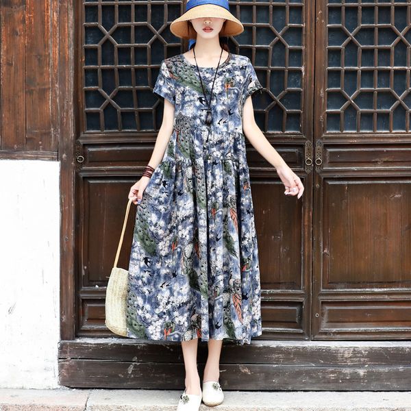 

casual dresses women loose cotton linen printed dress ladies vintage print female 2021 summer, Black;gray