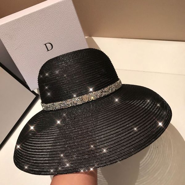 

sgknf hepburn wind lampshade large brim cap m-standard water drill buckle bright silk straw bucket bucket straw fisherman hat female french, Blue;gray