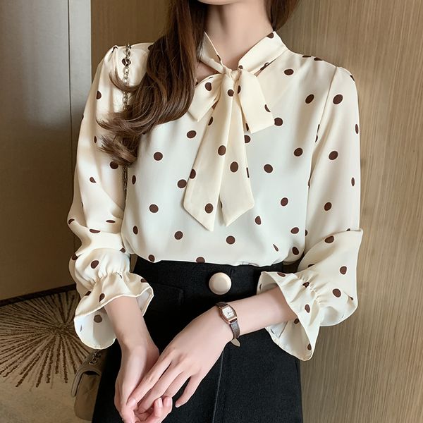 

2020 korean fashion women clothes bow tie polka dot chiffon blouse flare sleeve office lady shirt, White