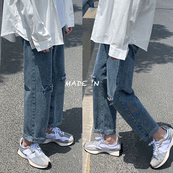 

men's jeans 2021 fashionable casual loose hole middle waist straight ankle length pants zipper cowboy solid color s-2xl, Blue