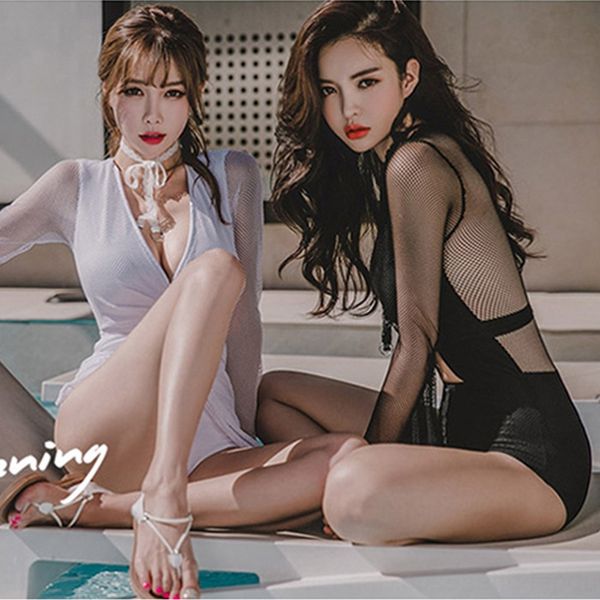 

jybw5 korean new mesh perspective hollow-out jumpsuit women's swimsuit long sleeve conservative high waist slimming belly-covering swim, White;black
