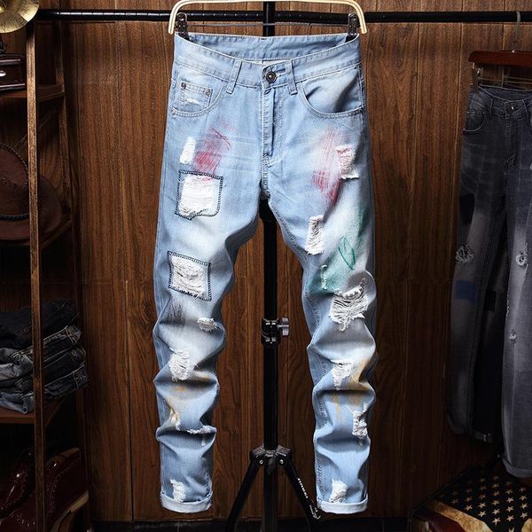 

men's straight jeans distressed denim pants winter ripped denim trousers, Blue