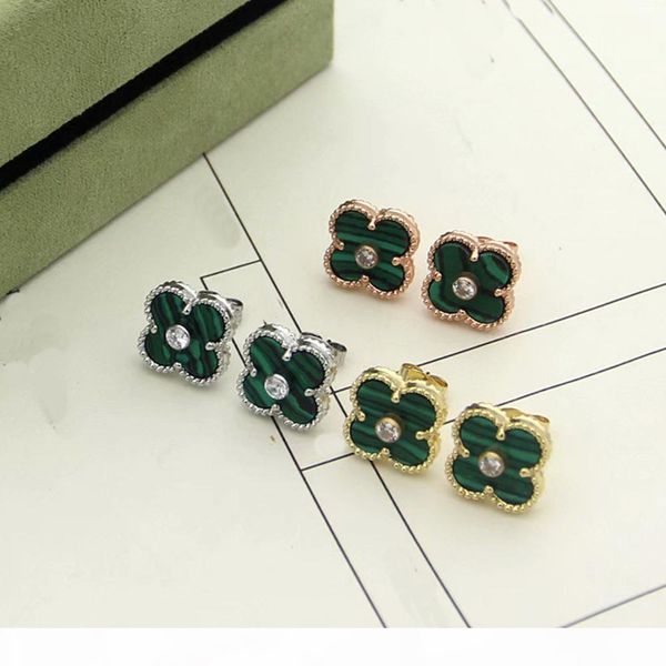 

europe america fashion lady women brass vintage single motif multicolor gemstone setting diamond four leaf flower 18k gold stud earrings, Golden;silver