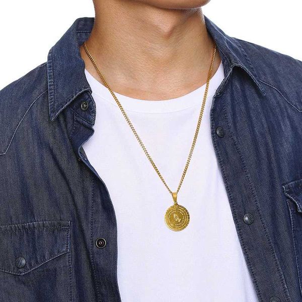 

men women stainless steel disc pendant praying hands bible verse prayer medal necklace jewelry, Silver