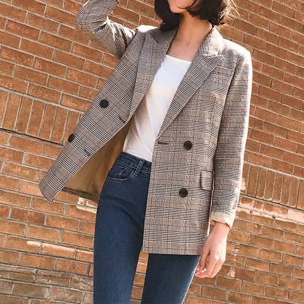 

plaid vintage notched women's blazer coats long sleeve double breasted blazers female jacket 2020 spring office lady outerwear, White;black