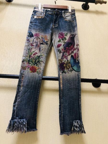 

women's jeans 3d stretch and flower patterns draws trumpet pants elegant style tassel for female, Blue