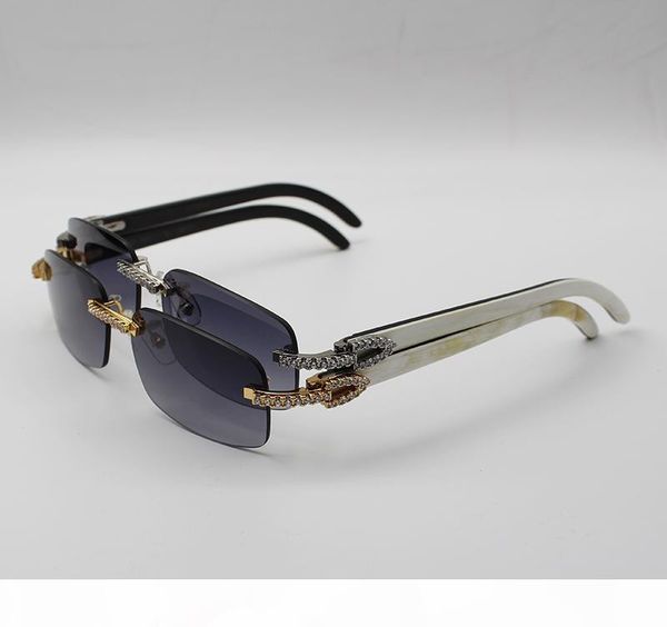 

luxury buffalo horn glasses men women large diamond decorative brand designer rimless sunglasses natural striped buffalo horn sun glasses, White;black