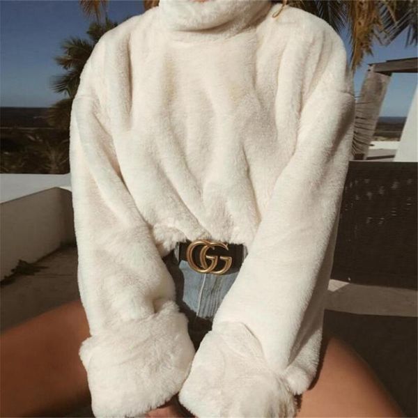 

long sleeve soft plush autumn winter casual sweater thick warm faux fur pullover 2020 fashion women turtleneck sweaters, White;black