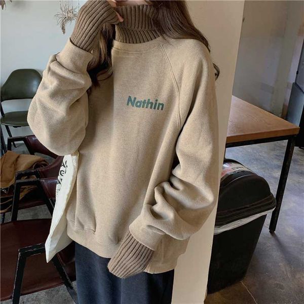 

women's hoodies & sweatshirts mozuleva 2021 women letter print fleece hoodie autumn winter oversize ladies warm pockets hooded turtlene, Black