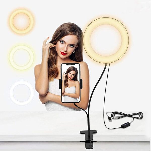 

quality 2in1 led selfie ring light w/phone holder flexible arm clamp 3 color adjustable for live makeup video for youtube p
