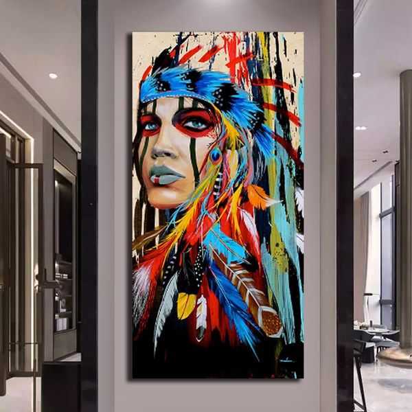 

colorful native girl oil painting feathered women canvas painting poster wall art pictures for living room home decor (no frame