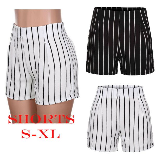 

women summer sports shorts stylish loose black white stripe thin casual ladies girl zipper beach high waist short trousers, White;black
