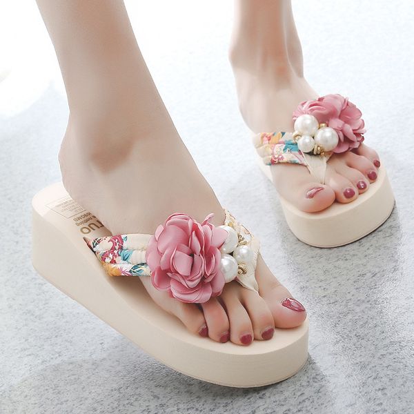 

slippers 6cmhigh heel women's beach for women in summer with thick heeled sandals flower wedge womans shoes flip flops, Black
