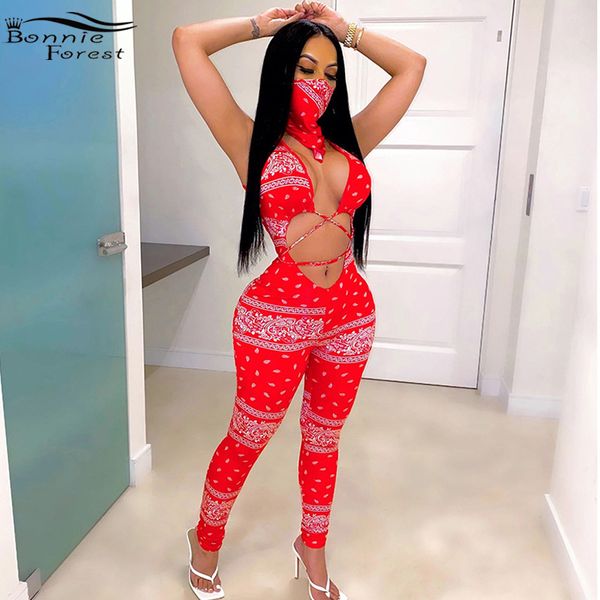 

bonnie forest new chic cut out printed jumpsuit rompers with scarf womens laced-up bodycon jumpsuit rompers club outfits, Black;white