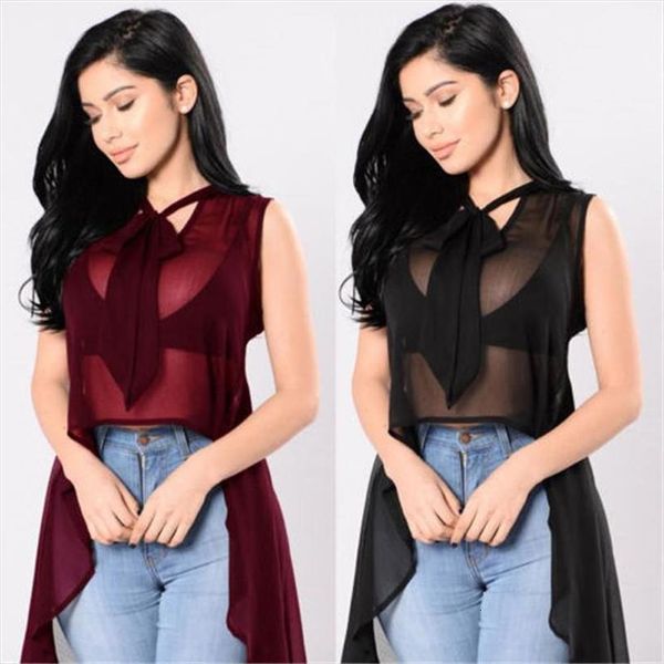 

summer womens see through shirt solid black burgundy bowknot mesh sheer sleeveless irregular blouse shirts, White