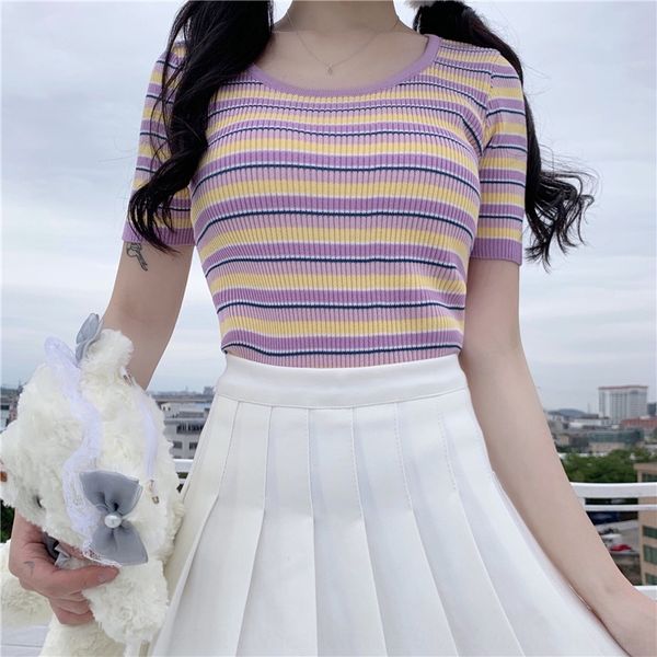 

elegant style rainbow striped t-shirt women's short sleeve 2020 new ins super coat t-shirt short color top, White
