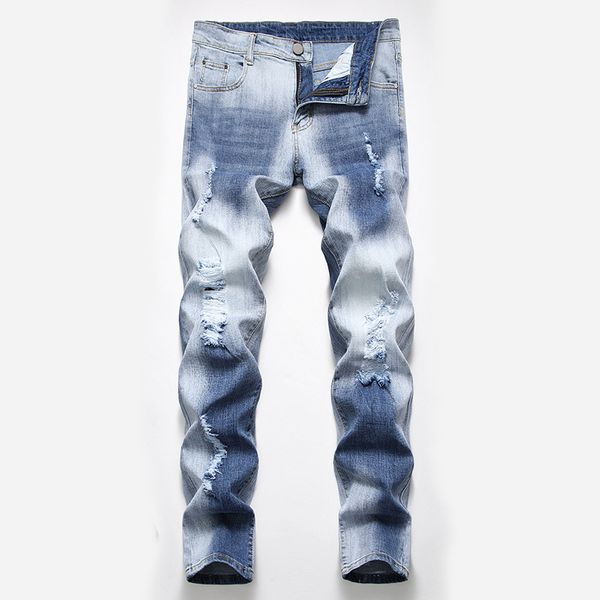 

2020 men's ripped denim pants youth straight tube wash white fashion jeans, Blue