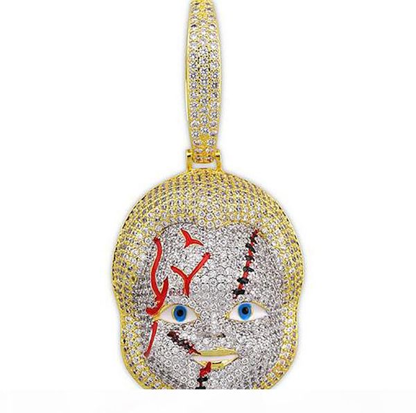 

t 14k iced out gold horror doll pendant necklace bling necklace micro pave cubic zircon pendant fashion jewelry, Silver