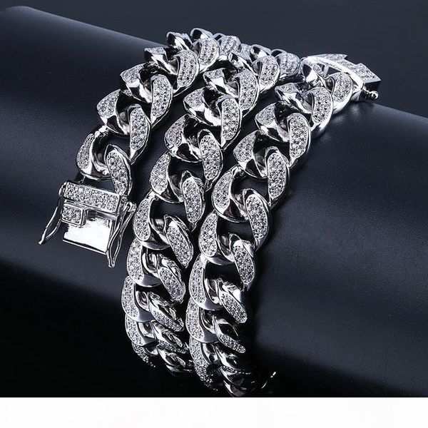

13mm майами кубинский link chain hip hop bling jewelry алмазная iced out цепи роскошная ожерелье mens рэпер dj fashion hiphop аксессуары, Silver