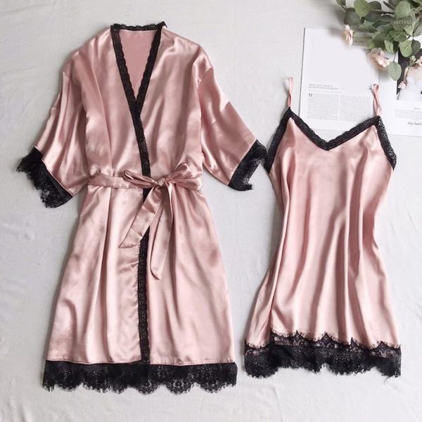 

2019 women v-collar sling pajamas underwear robe set lady summer solid loose lingerie nightgown pijama bornoz1, Black;red
