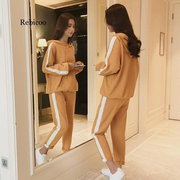 

autumn women elastic waistline hoodies tracksuit loose simple side striped loose two piece set pockets pocket pant casual outfit, White