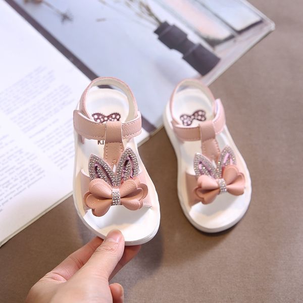 

20203-year-old 6 flat shoes girls open-toed sandals little girl rhinestone bow roman shoes fashion flat sandals, Black;red