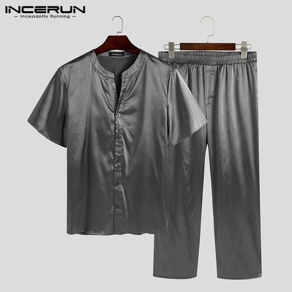 

men's sleepwear men pajamas sets solid homewear short sleeve v neck breathable pants soft casual mens nightwear incerun plus size, Black;brown
