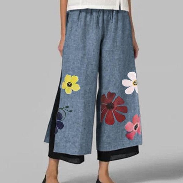 

muyogrt women casual pants summer elastic waist wide leg pants vintage floral print trousers female loose pantalon plus size, Black;white