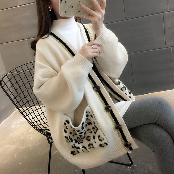 

women v neck cardigan autumnwinter long knitted loose sweaters with pockets oversize pull femme warm jackets, White;black