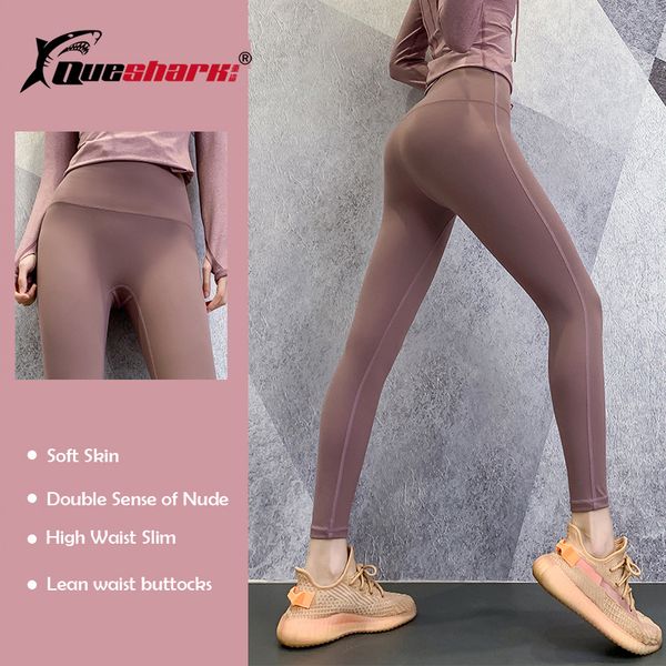 

double-sided nude pilates yoga pants women without embarrassing line high waist hips fitness sports pants gym running leggings, White;red