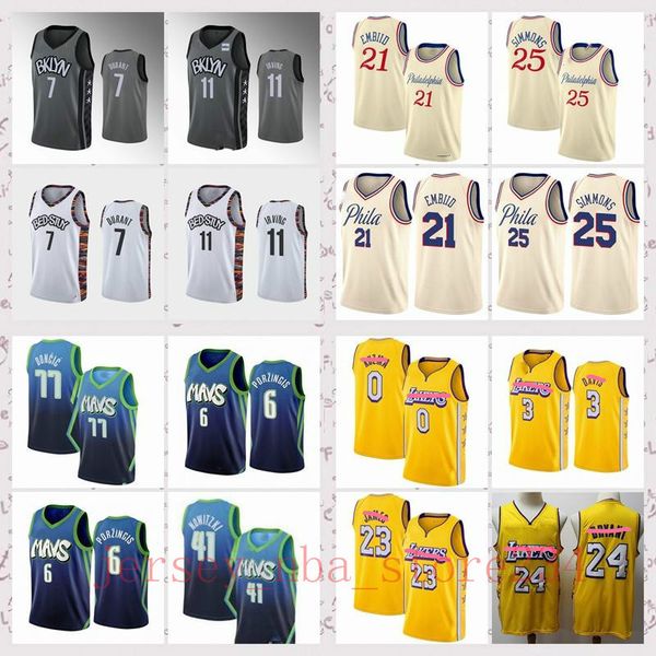 

мужские 11 irving 7 дюрант 21 embiid 25 симмонс 23 джеймс 0 кузьма 3 anthony 41 новицки 77 doncic 6 porzingis swingman город версия джерси, Black;red