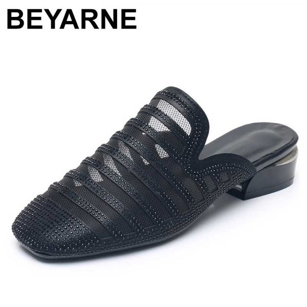 

beyarne2020 новые летние женские тапочки закрытые пальцы квадратные каблуки леди сандалии моды сетка горный хрусталь женщина обувь большого, Black