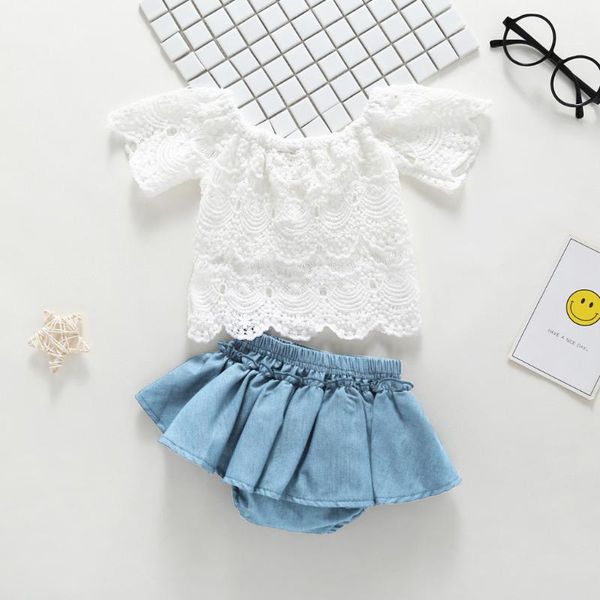 

summer baby girls toddler off shoulder lace shortsleeve denim shorts dress outfits clothes baby girl 0-3t, White