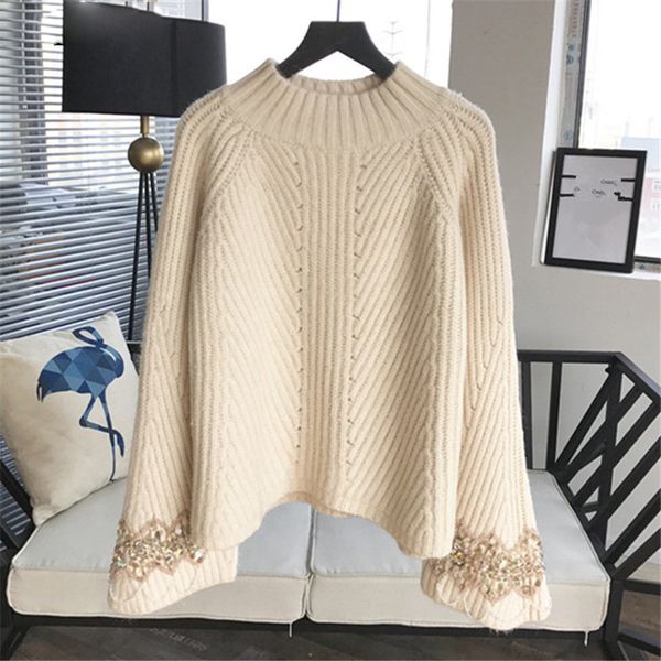 

knitted beading vintage solid women pullovers thick warm winter female sweater 2020 flare sleeve loose sueter, White;black