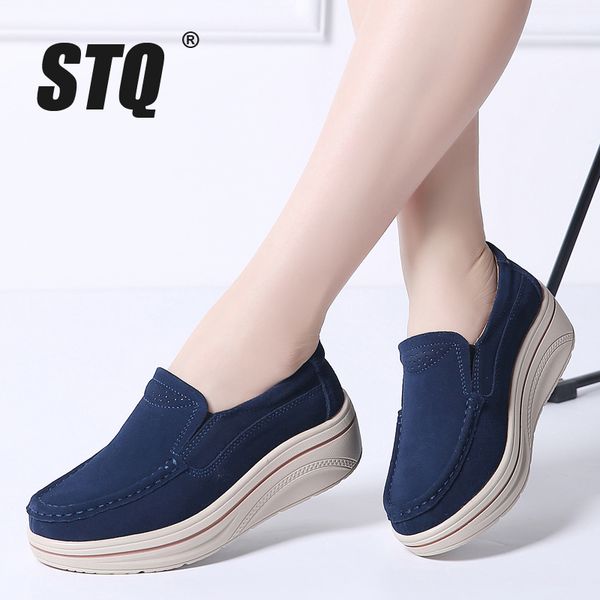 

stq 2020 autumn women flats shoes platform sneakers shoes leather suede casual slip on flats creepers moccasins 8338, Black