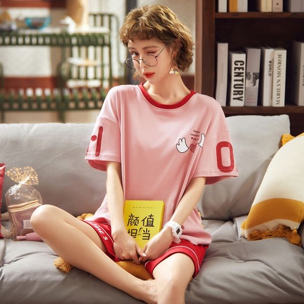 

women's short-sleeved cotton pullover pullover pajamas thin household clothes suit women's summer loose cotton outdoor pajamas, Blue;red