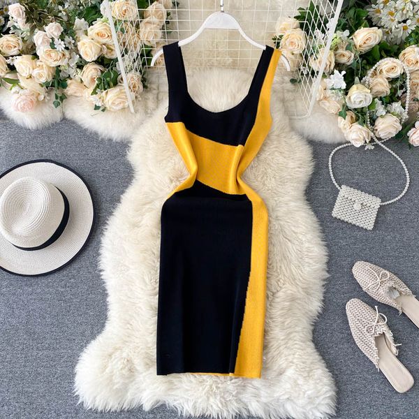 

2020 summer vintage slim patchwork mini dress women sleeveless v neck casual streetwear tank female white yellow gray dresses, Black;gray