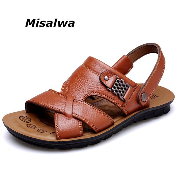 

misalwa summer new men genuine leather sandals big size 37-47 men sandals slipper 2020, Black