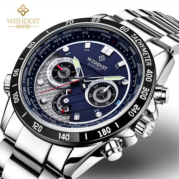 

wishdoit watch male outdoor sports waterproof luminous multi-function chronograph reset world time quartz watch, Slivery;brown