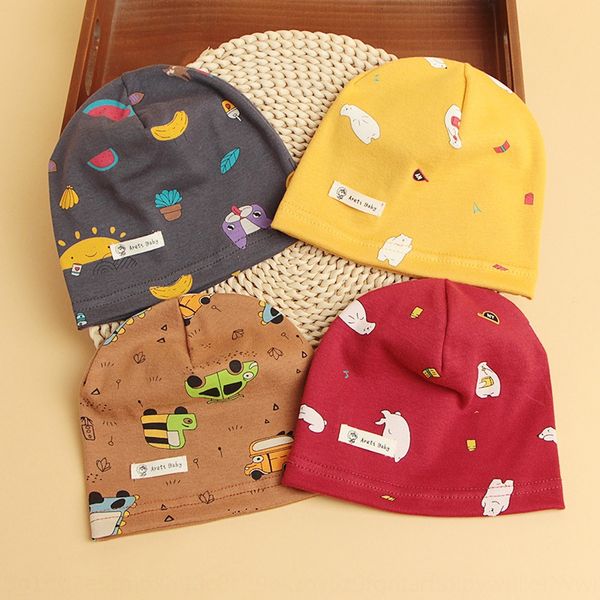 

single pullover cap baby cap layer thin autumn children's pure cotton knitted baby hat cartoon printed newborn infant pullover hat, Yellow