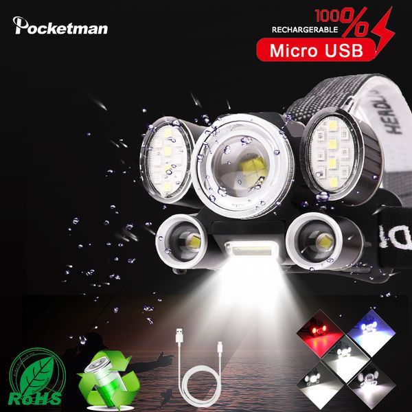 

headlamps 8000lm led headlamp 6 headlight 5 modes xhp50 cob t6 rechargeable light 18650 battery red blue color