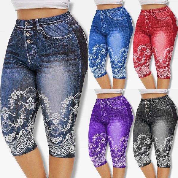 

printed false denim yoga pant 3\4 women jeans leggings high waist breeches capri pants super elastic jeggings plus size 5xl, White;red