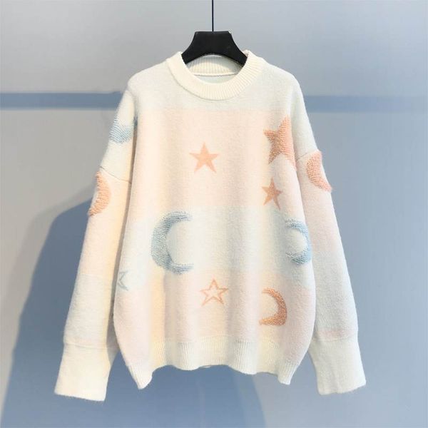 

2020 autumn new korean-style loose pullover women's knitted moon and the stars women's sweater top, White;black